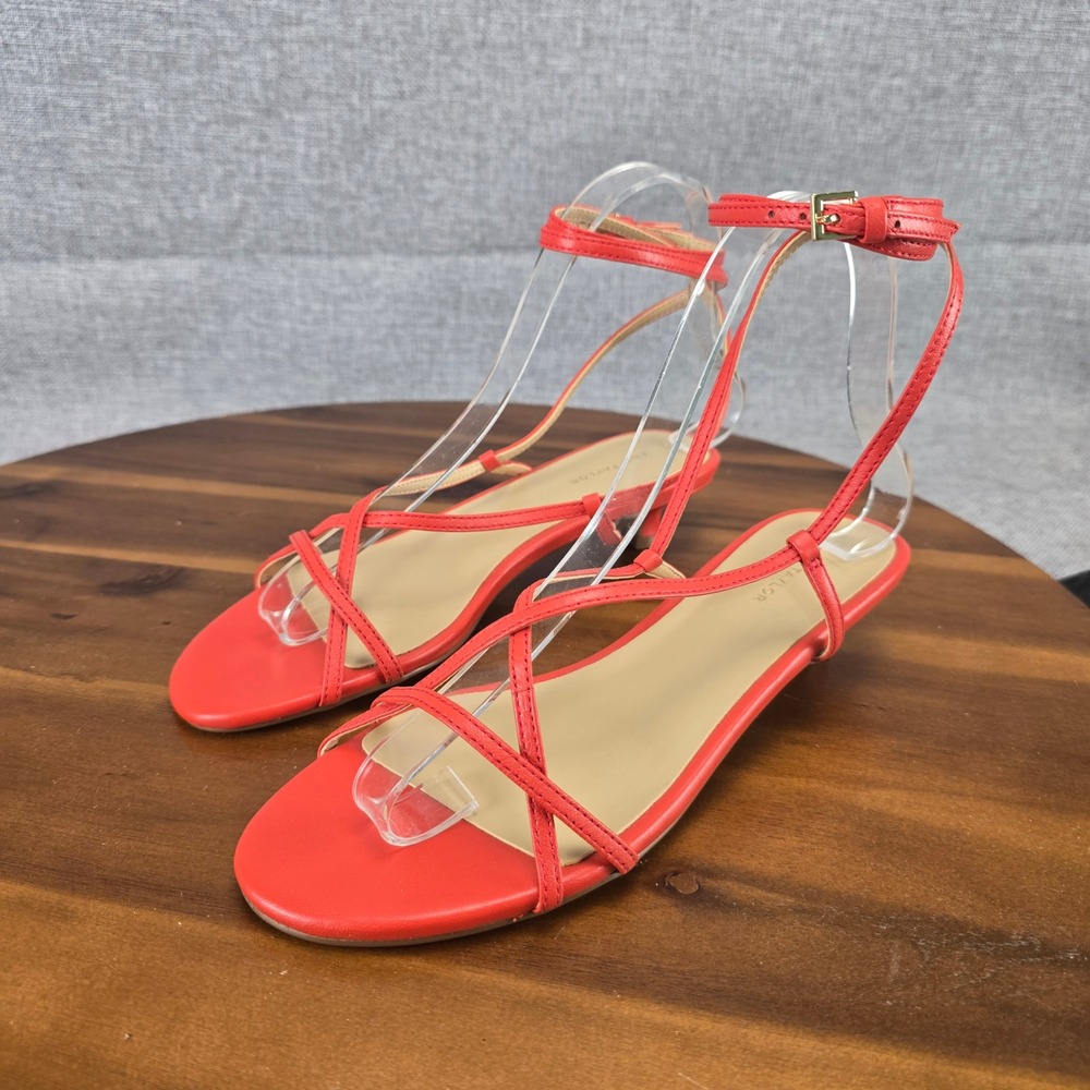 Ann Taylor Womens Coral Red Leather Strappy Ankle Strap Kitten Heel Sandals 6M - Picture 3 of 13